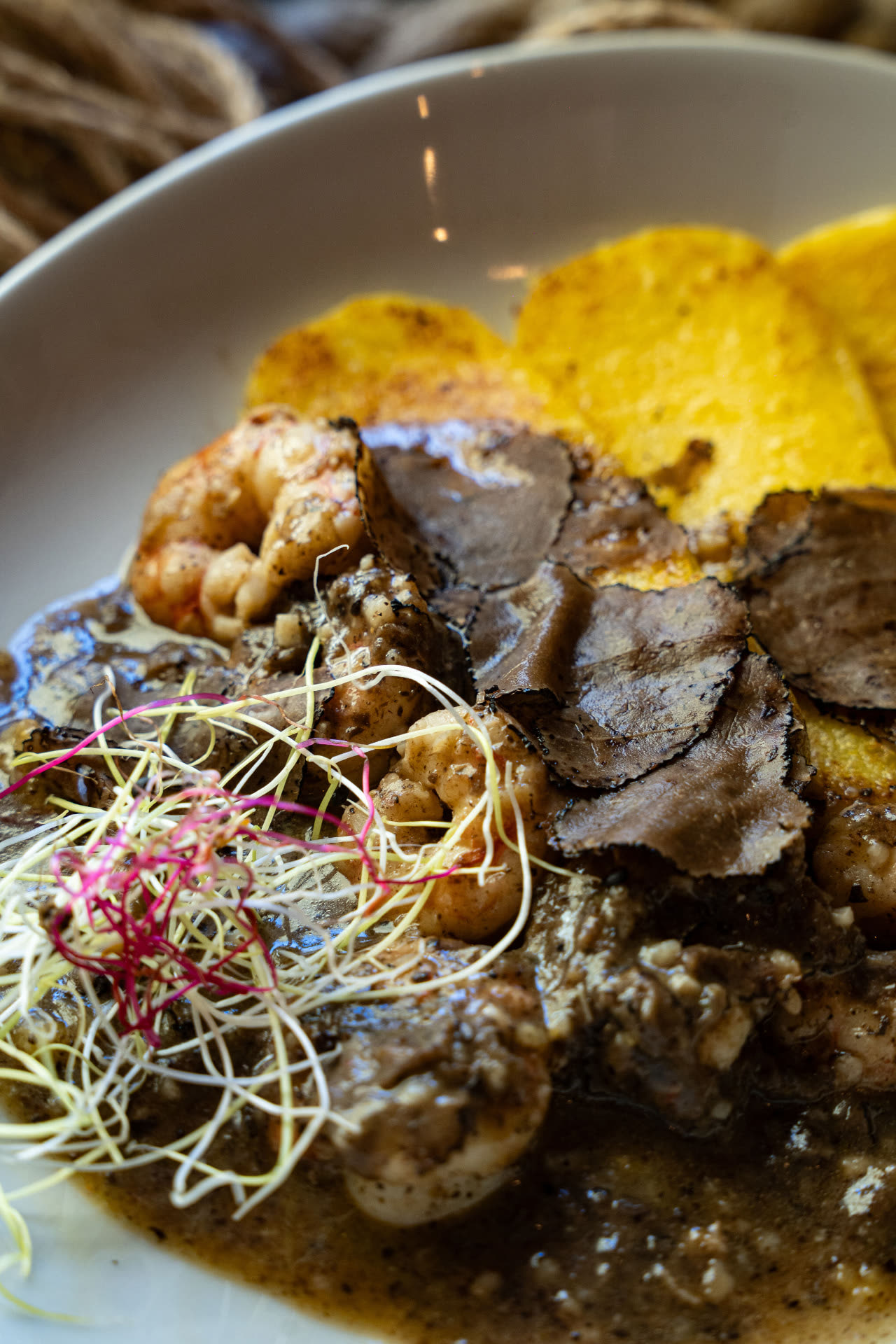 Škampi u umaku od tartufa – Poreč Detalj jela od škampa u umaku od tartufa uz zlatnu pečenu palentu – riblji restoran Poreč | shrimp truffle sauce with polenta Croatia